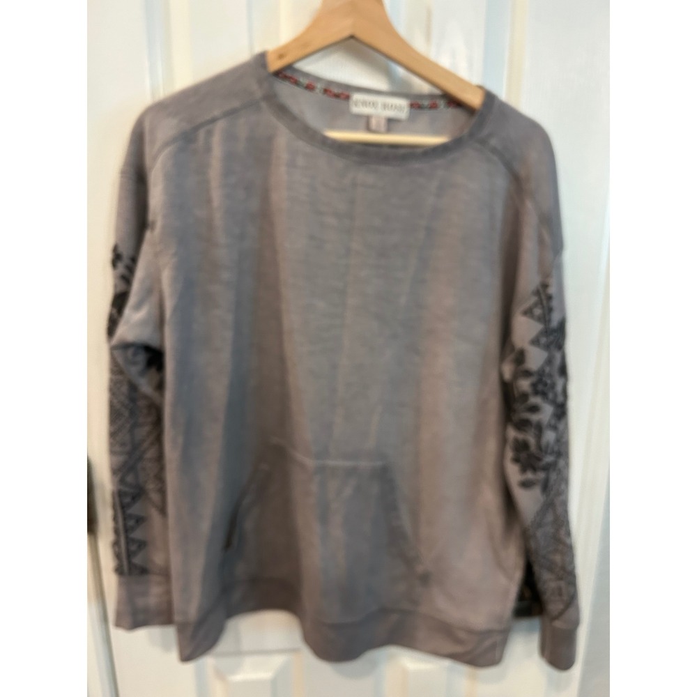 Knox Rose Sweatshirt Gray Embroidered Sleeve Boho Kangaroo Pocket Pullover M